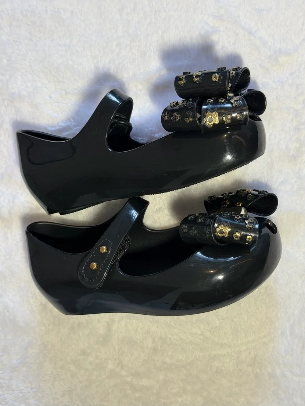 Mini Melissa Black Mary Jane Bow Dress Shoes with Gold Accents